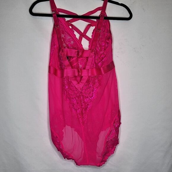 2X 18W 20W Pink Floral Lace Stretch Bodysuit Strappy Lingerie Wireless Plussize - Picture 9 of 10